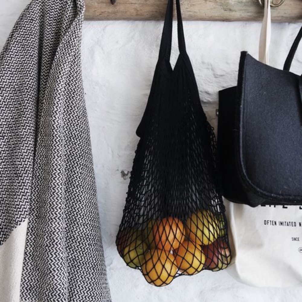 💥 CLEARANCE Cotton Net Short Handle French Market Bag Black - Picture 2 of 5